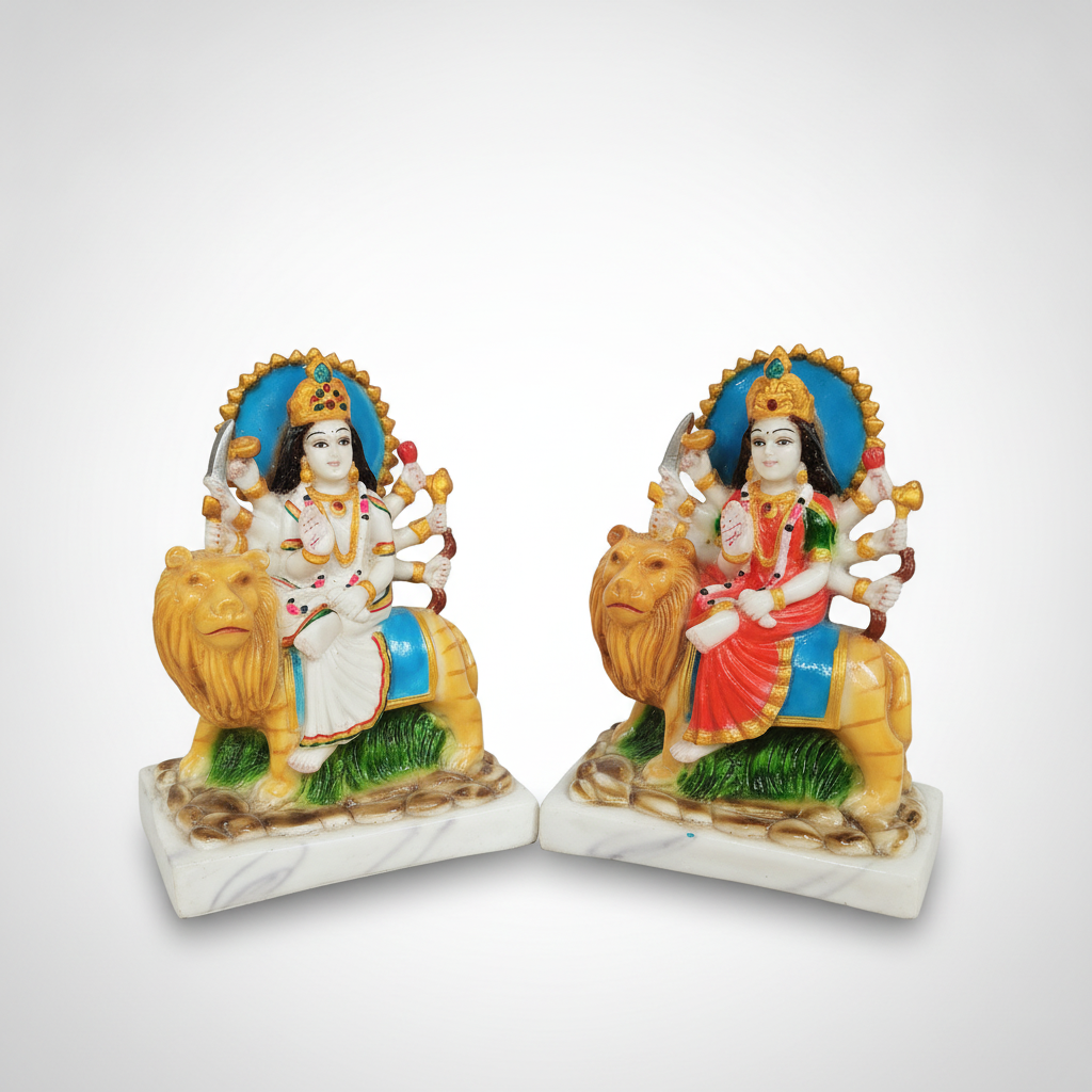 Durga Mata Idol on Lion 6.5 Inch Marble Finish Murti