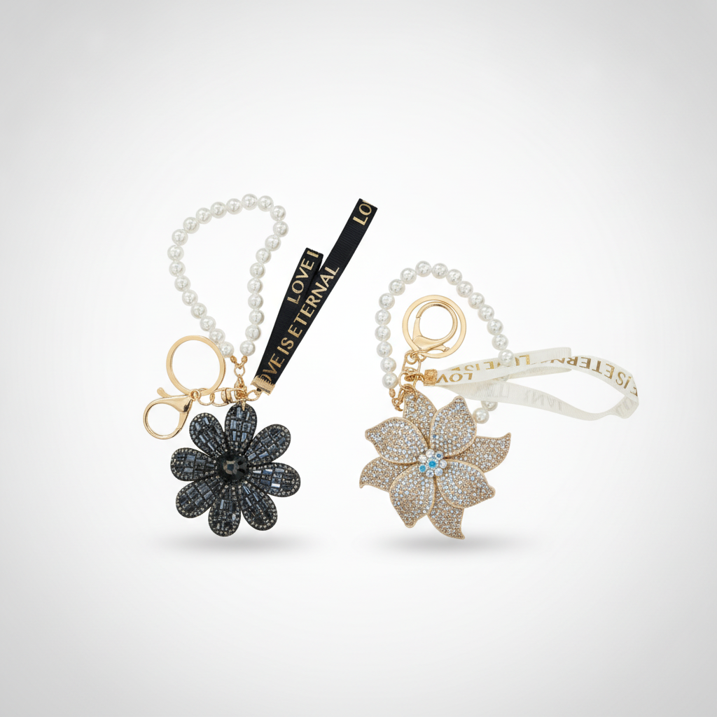 Crystal Flower Keychain with Pearl Wrist Strap & Ribbon