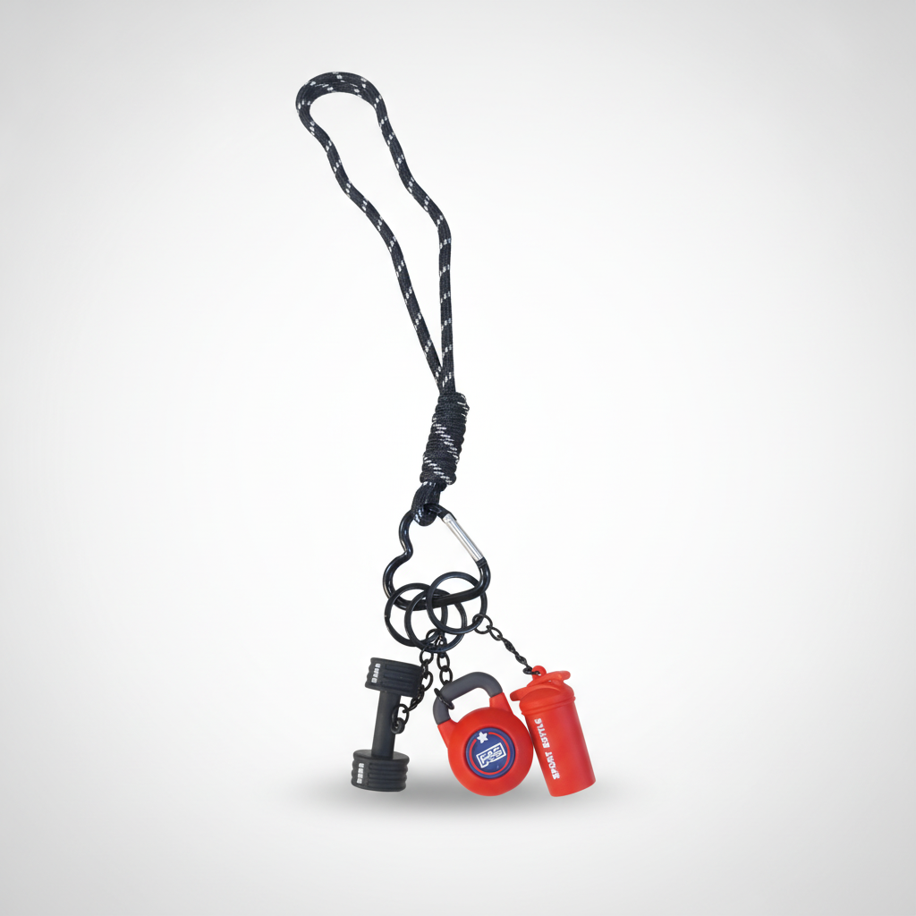 Fitness Gym Keychain Set with Lanyard – Dumbbell, Kettlebell & Shaker