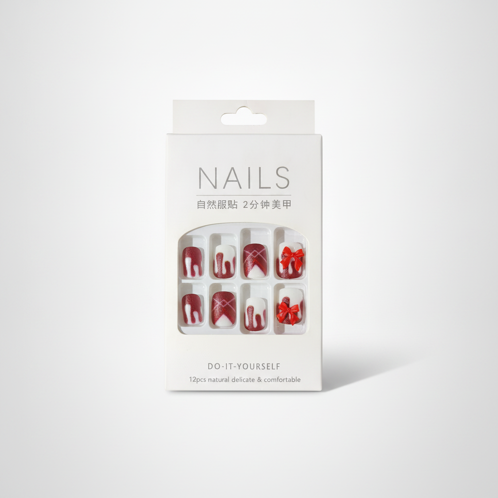 Press-On Nails – Red Bow & Shimmer Design, 12 Piece Set