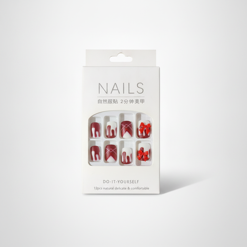 Press-On Nails – Red Bow & Shimmer Design, 12 Piece Set