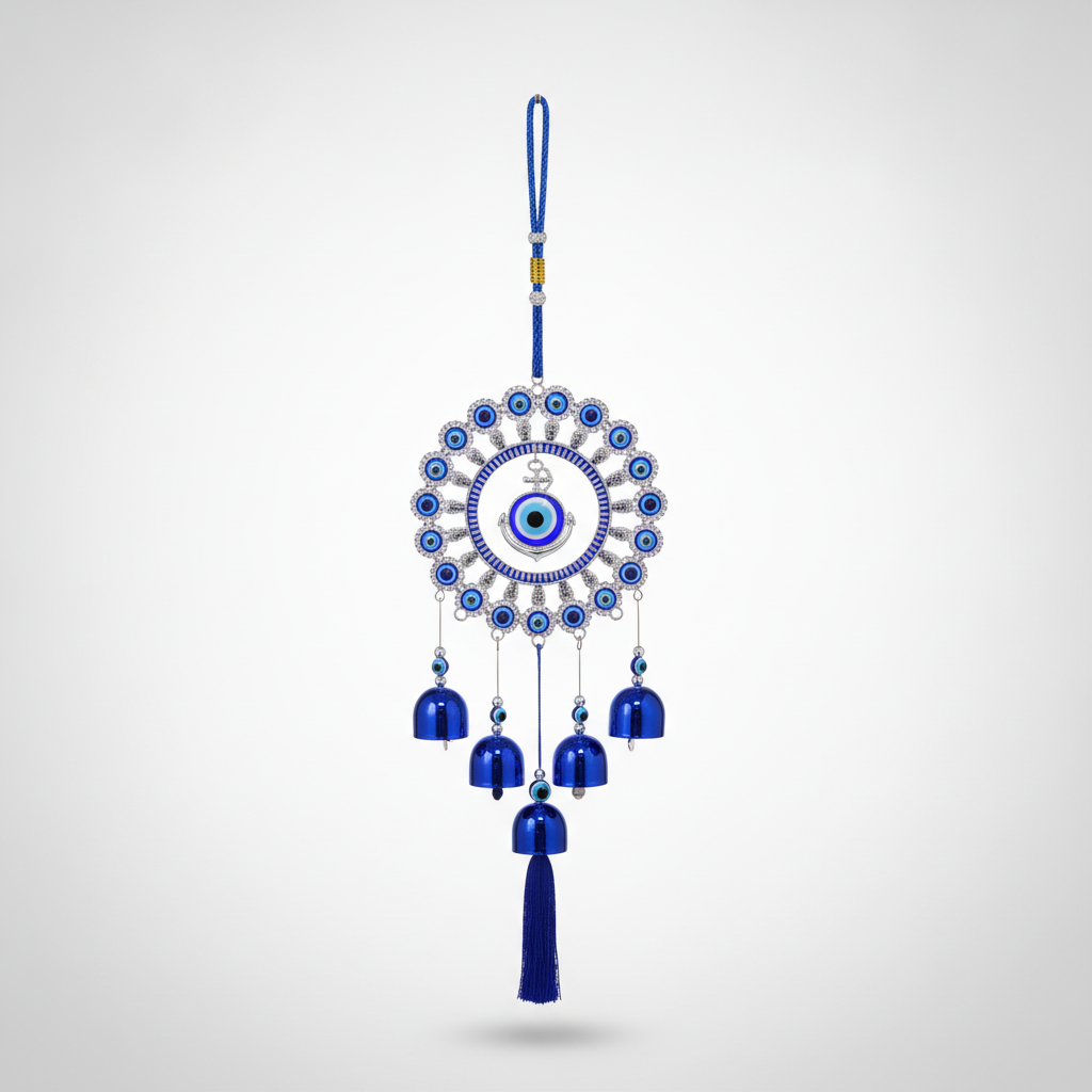 Evil Eye Wind Chime Wall Hanging with Bells & Tassel