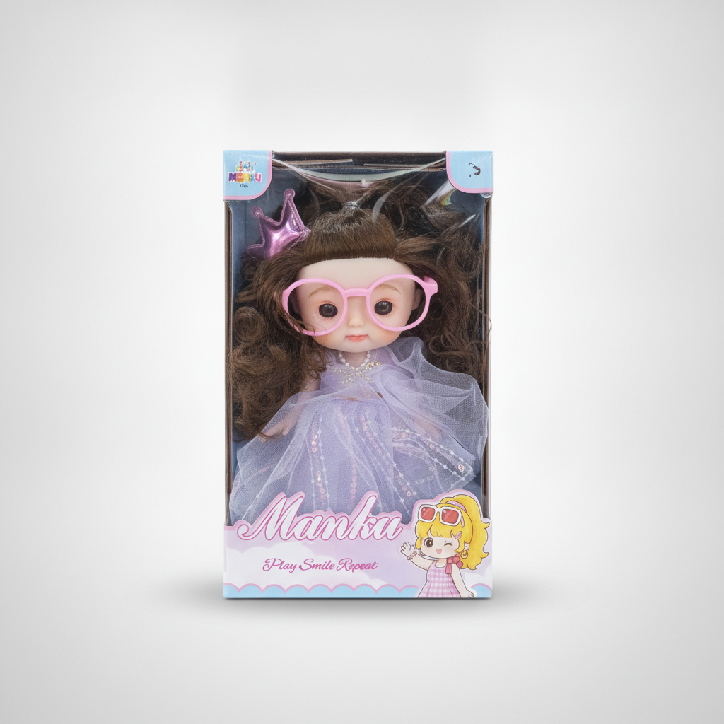 Manku Fashion Doll with Pink Glasses & Purple Tulle Dress
