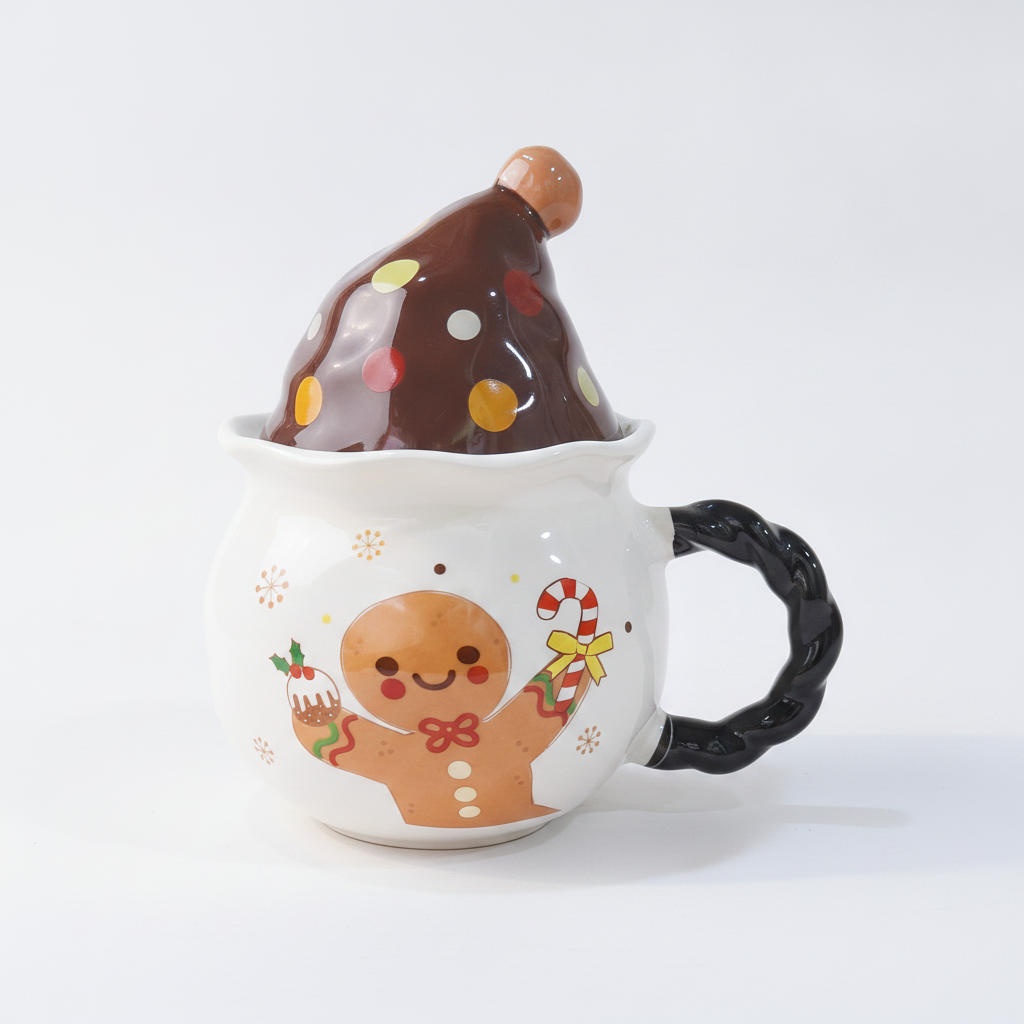 Gingerbread Man Christmas Ceramic Mug with Festive Hat Lid