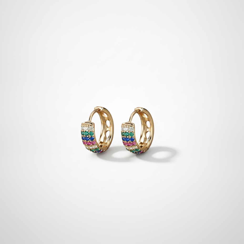 Rainbow Crystal Huggie Hoop Earrings in Gold