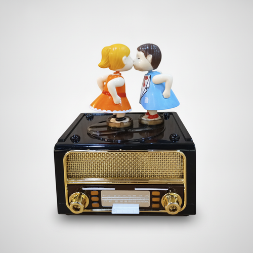 Retro Radio Music Box with Kissing Couple Figurines