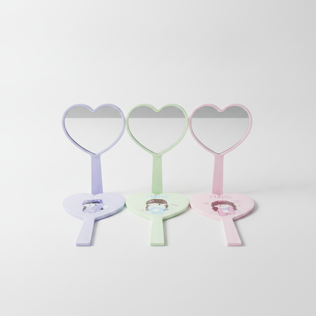 Kawaii Heart-Shaped Handheld Vanity Mirror – Cute Cartoon