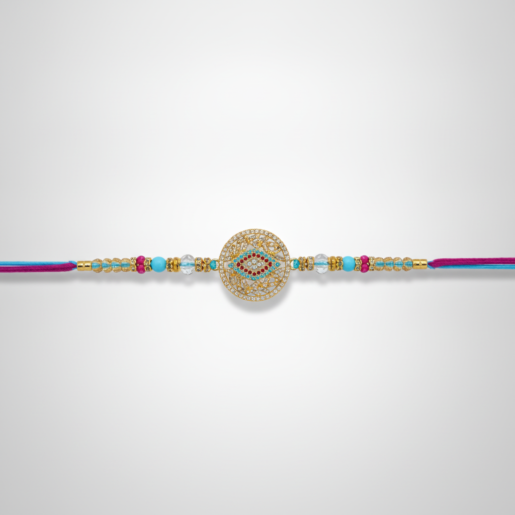 Elegant Diamond-Style Rakhi with Blue & Gold Beads