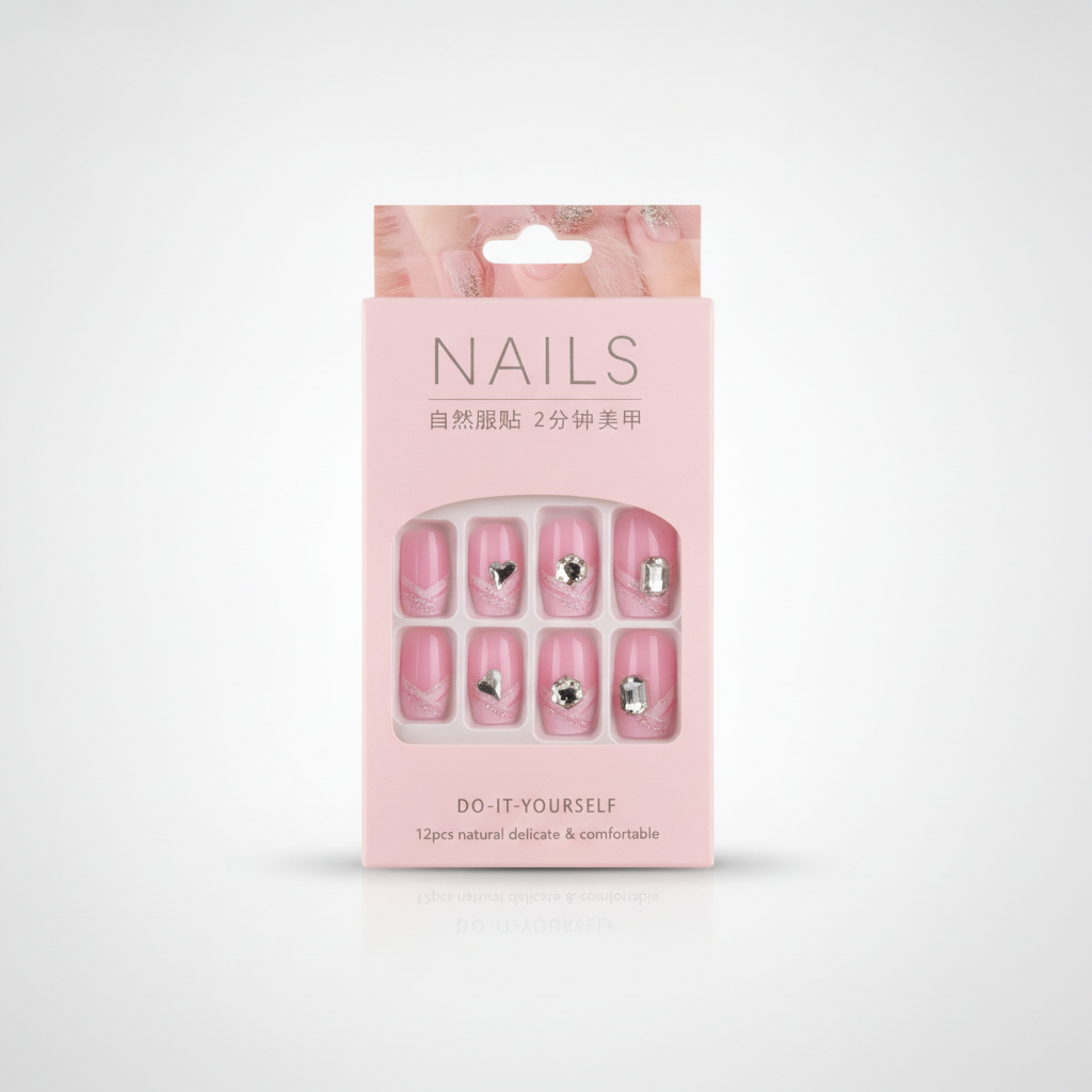 Pink Press-On Nails with Silver Gems – Kids & Adults, 12 Pcs