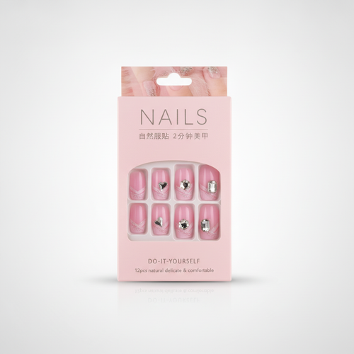 Pink Press-On Nails with Silver Gems – Kids & Adults, 12 Pcs
