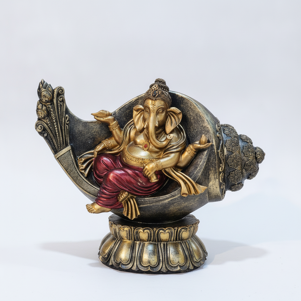 Lord Ganesha in Shankh Statue – Gold & Maroon Resin Idol