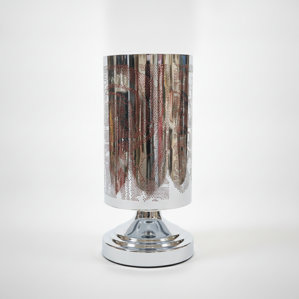 Chrome & Red Perforated Cylinder Table Lamp on Pedestal Base