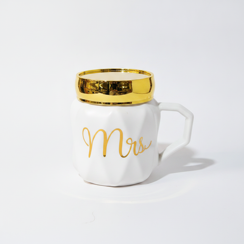 Mrs. White & Gold Ceramic Coffee Mug with Mirrored Rim