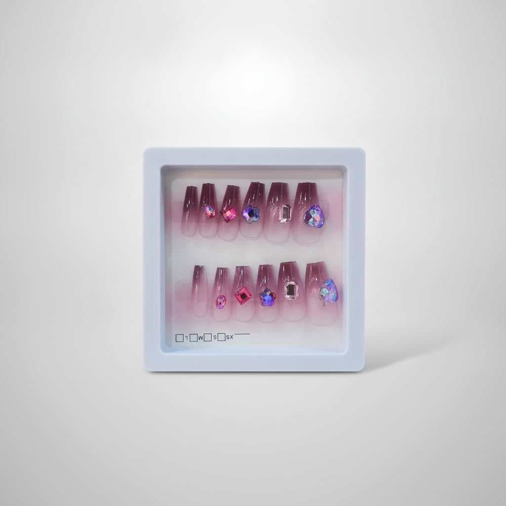 Purple Ombré Press-On Nails with Gemstone Charms – 24 Pc Set