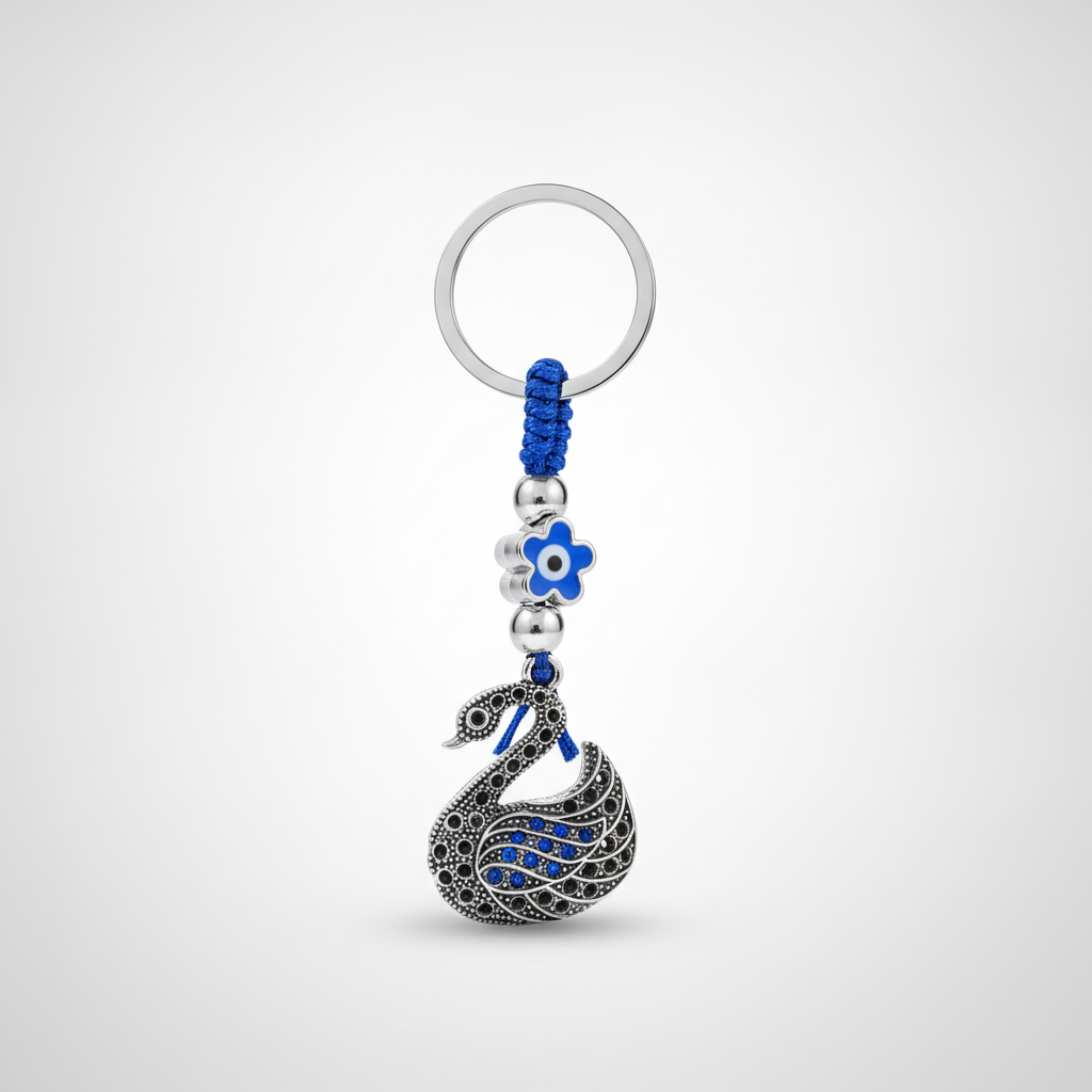 Evil Eye Swan Keychain with Blue Crystal Accents
