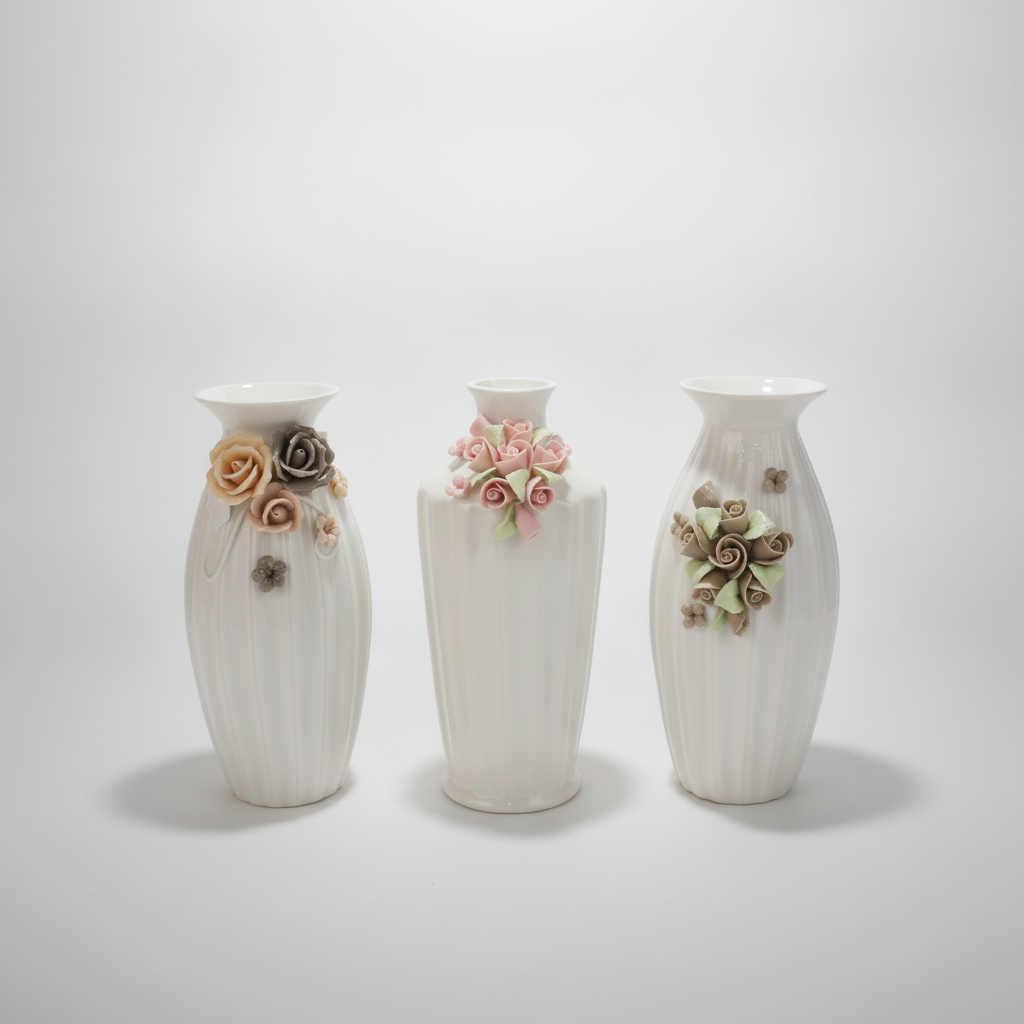 Ceramic Flower Vase with 3D Floral Embellishments – Set of 3