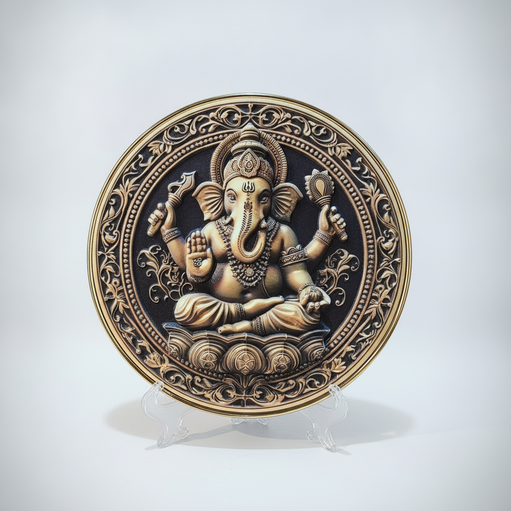 Lord Ganesha Decorative Relief Plate – Gold & Black