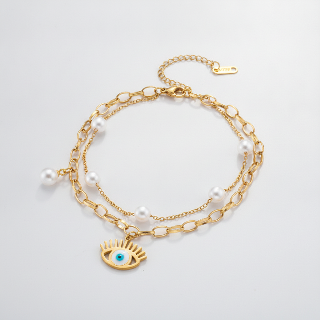 Gold Evil Eye & Pearl Double-Layer Charm Bracelet