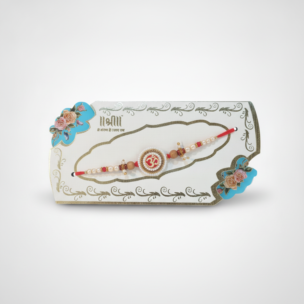 Om Symbol Rakhi with Pearl & Sandalwood Beads