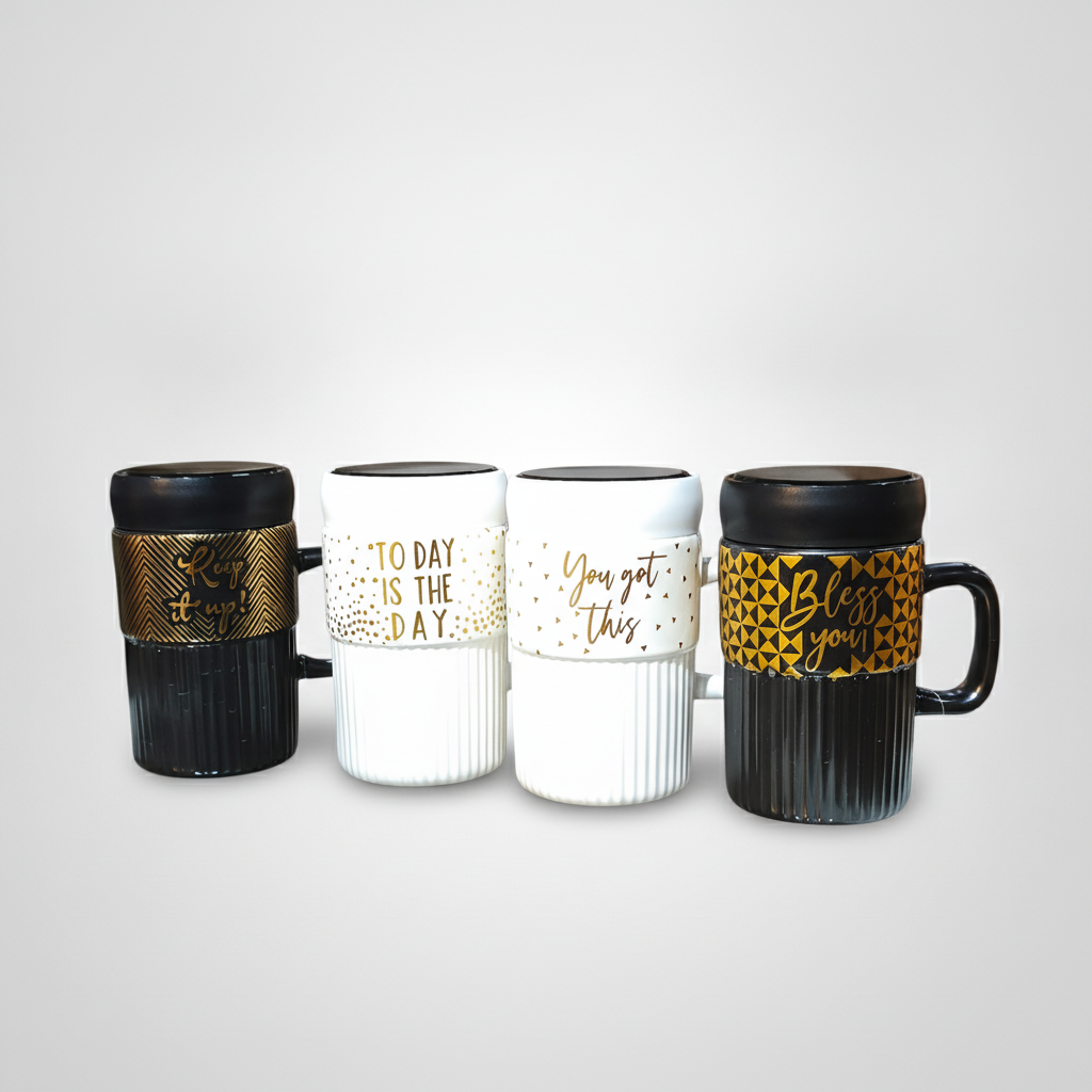 Inspirational Ceramic Mug with Lid – Black & White Gold