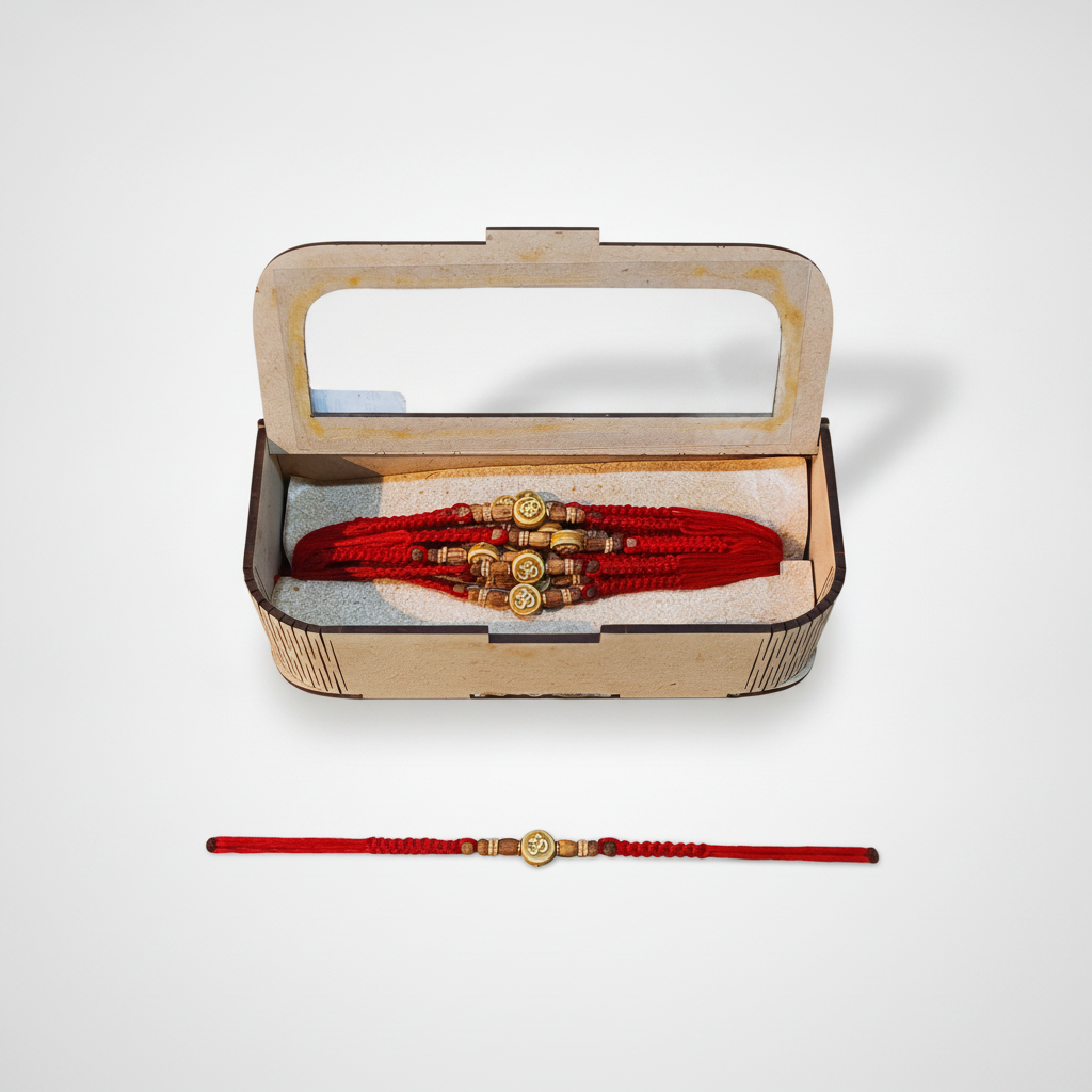 Om Rakhi Set – Red Thread & Sandalwood Bead Bracelets
