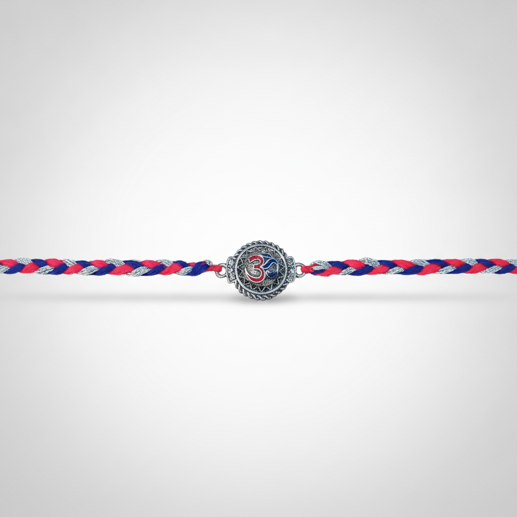 Om Rakhi Bracelet – Red & Blue Braided Thread with Silver Charm