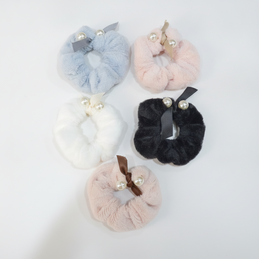 Fluffy Faux Fur Scrunchies with Pearl & Ribbon Detail