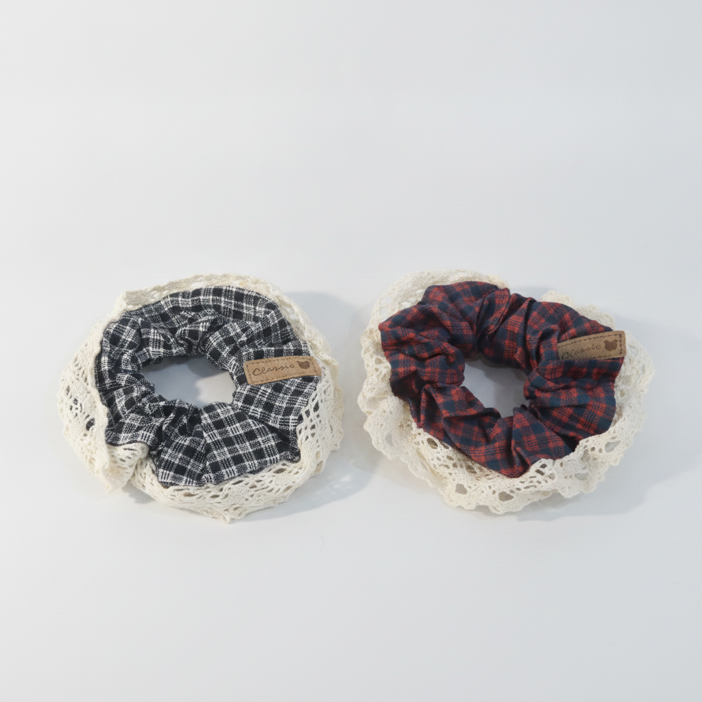 Classic Plaid Lace-Trim Hair Scrunchies – Set of 2