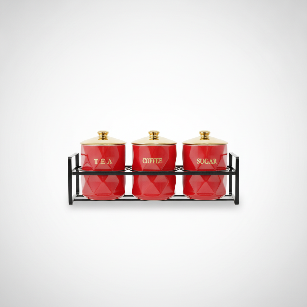 Red & Gold Ceramic Tea Coffee Sugar Canister Set of 3