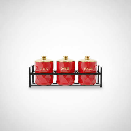 Red & Gold Ceramic Tea Coffee Sugar Canister Set of 3