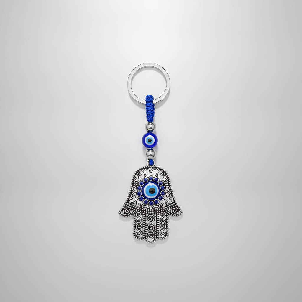 Hamsa Hand Evil Eye Keychain – Blue & Silver Charm