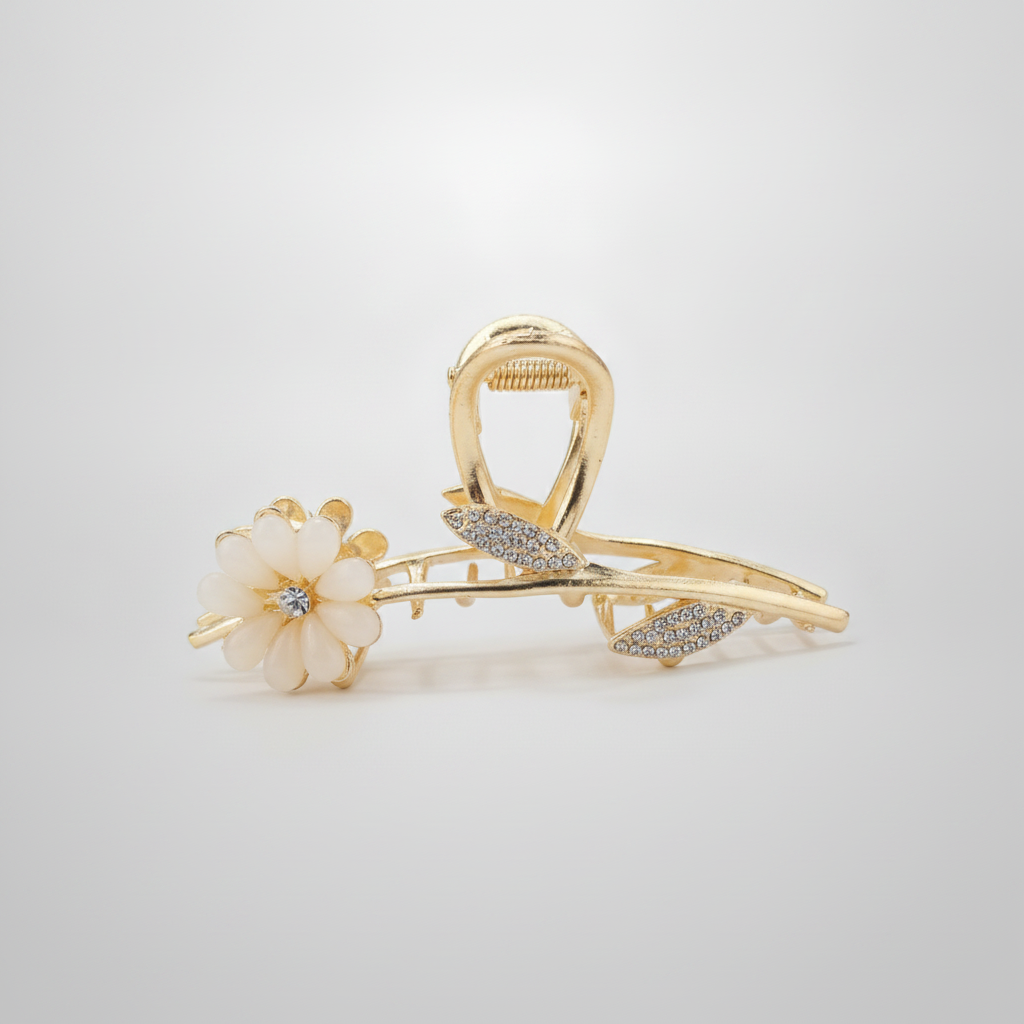 Gold Floral Hair Claw Clip with Crystal Leaves & Pearl Flower