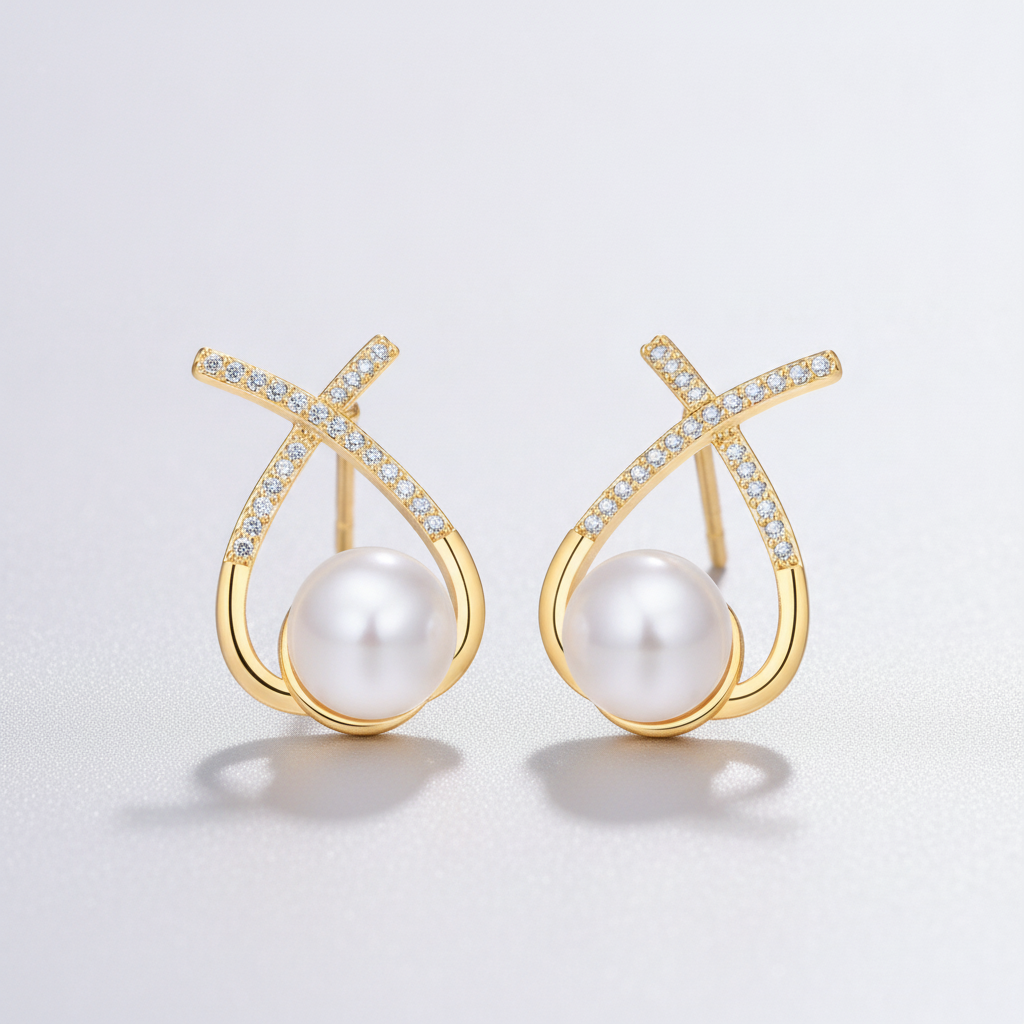 Gold Cross Pearl Stud Earrings with Crystal Accents