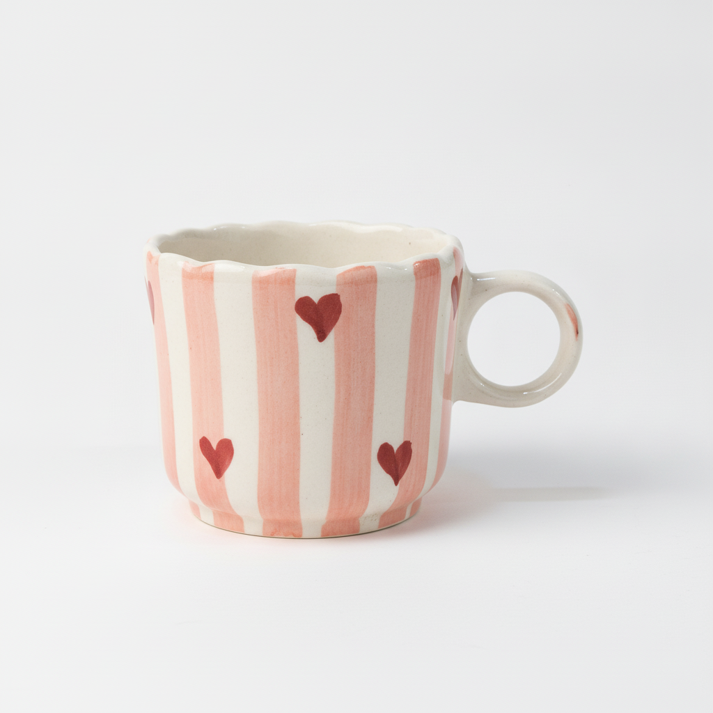 Handmade Ceramic Mug with Pink Stripes & Red Hearts