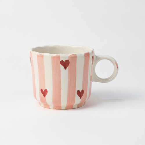 Handmade Ceramic Mug with Pink Stripes & Red Hearts