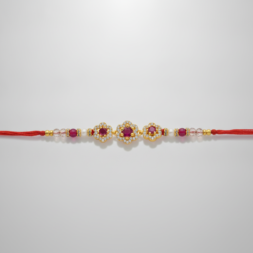 Elegant Floral Crystal Rakhi with Red Thread & Beads