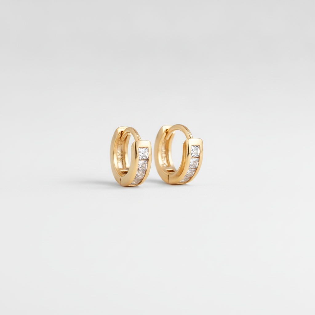 Gold Huggie Hoop Earrings with Channel-Set Crystals