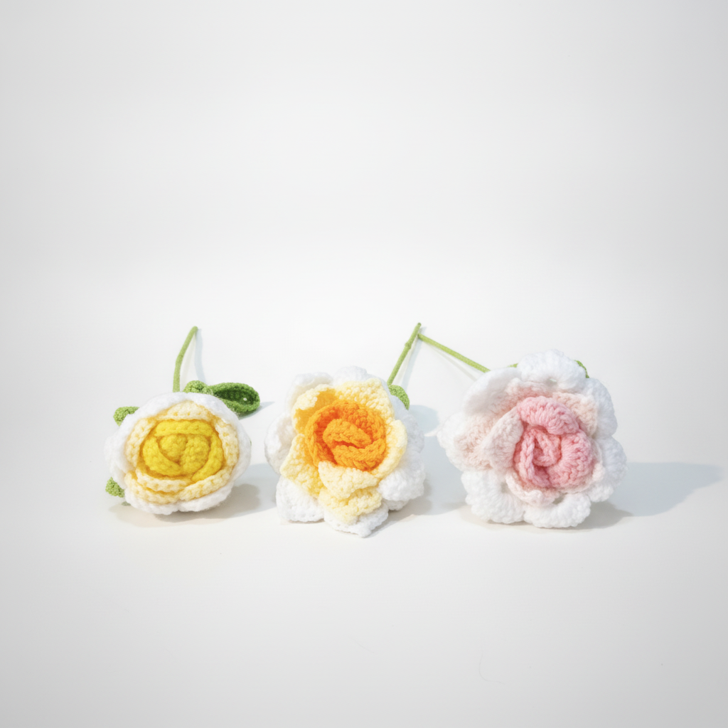 Handmade Crochet Rose Flower with Stem – Everlasting Bloom