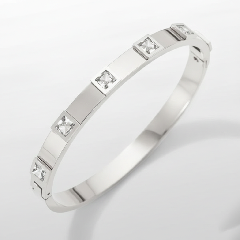 Crystal-Studded Silver Bangle Bracelet for Women
