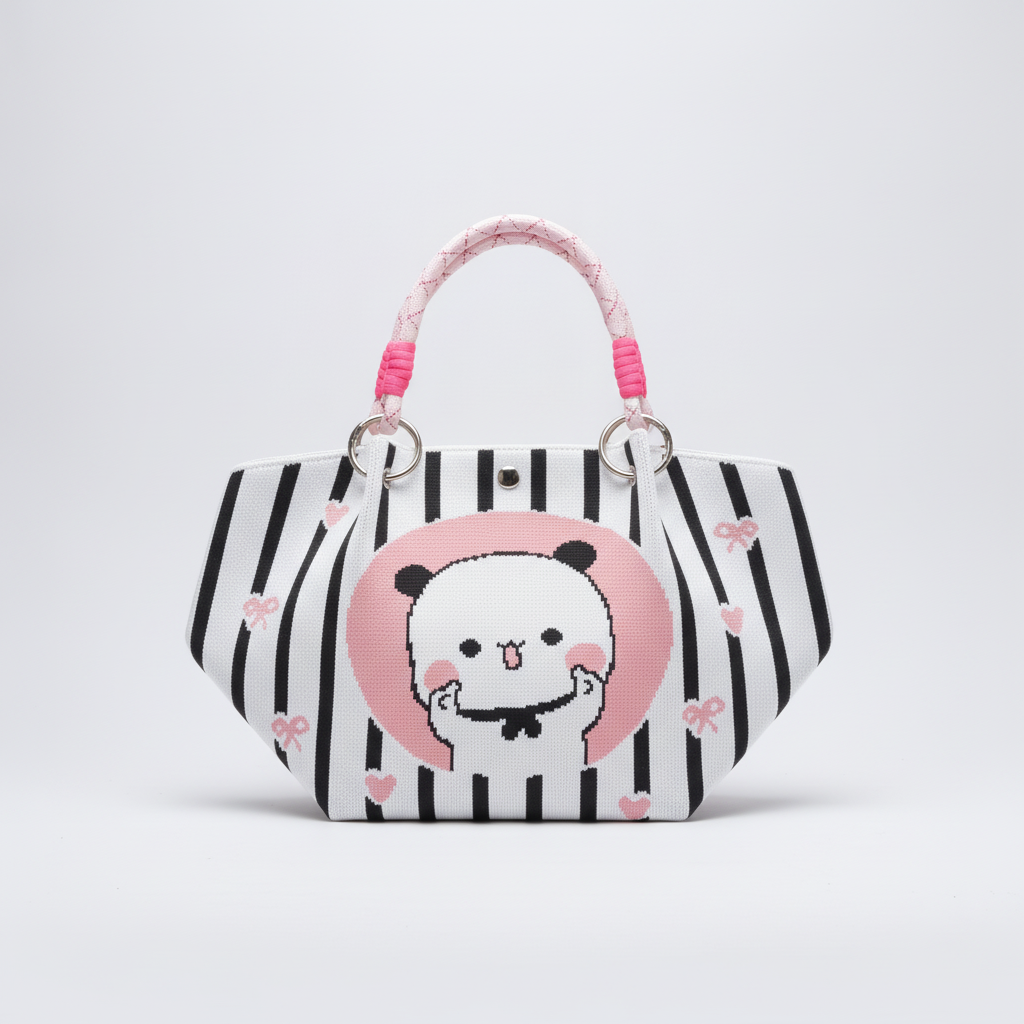 Cute Panda Striped Knit Mini Tote Handbag with Rope Handles