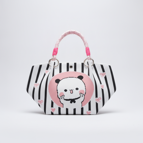 Cute Panda Striped Knit Mini Tote Handbag with Rope Handles