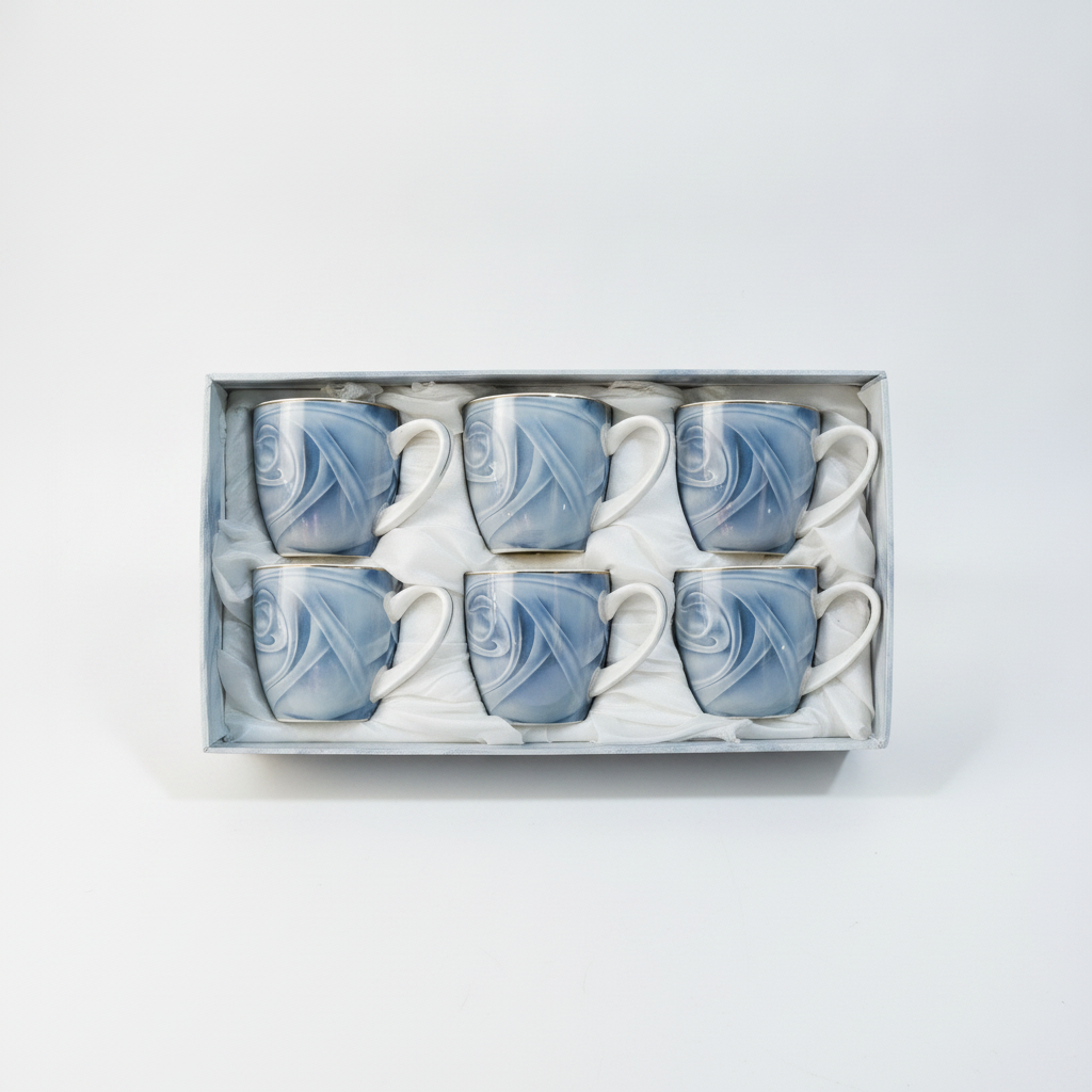 Blue Marble Ceramic Mug Set of 6 with Silver Rim