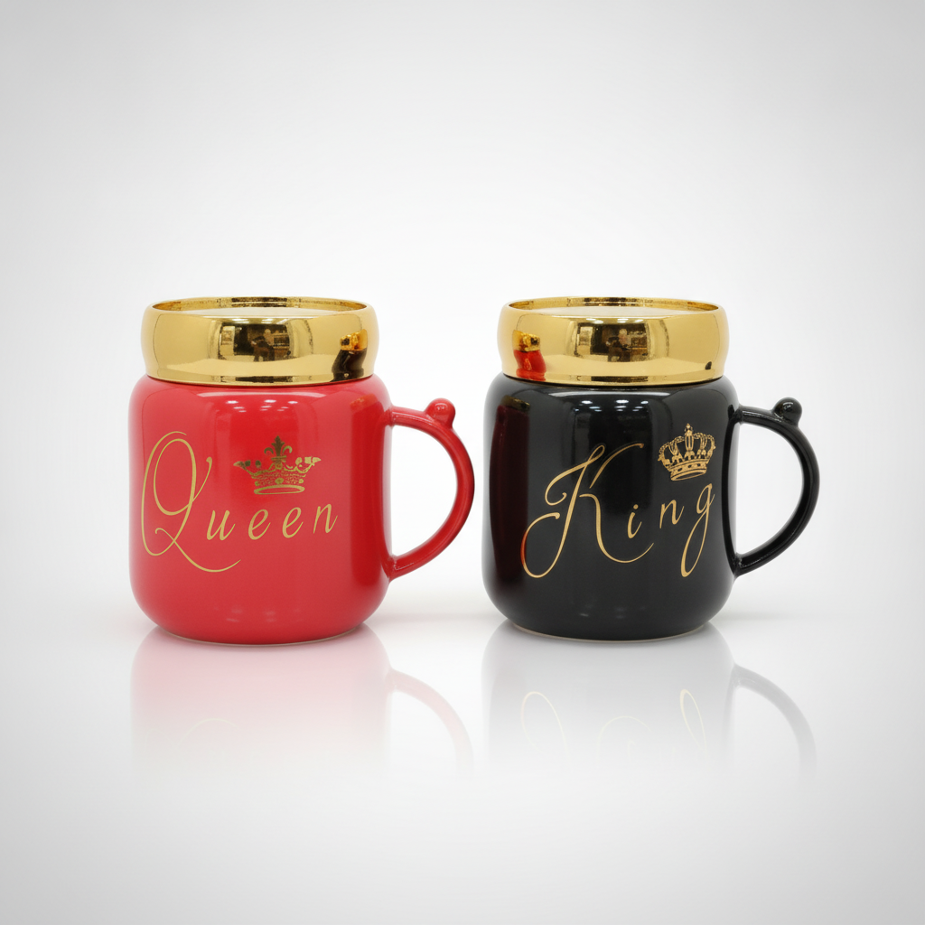 King & Queen Ceramic Mug Set – Gold Crown Couples Gift