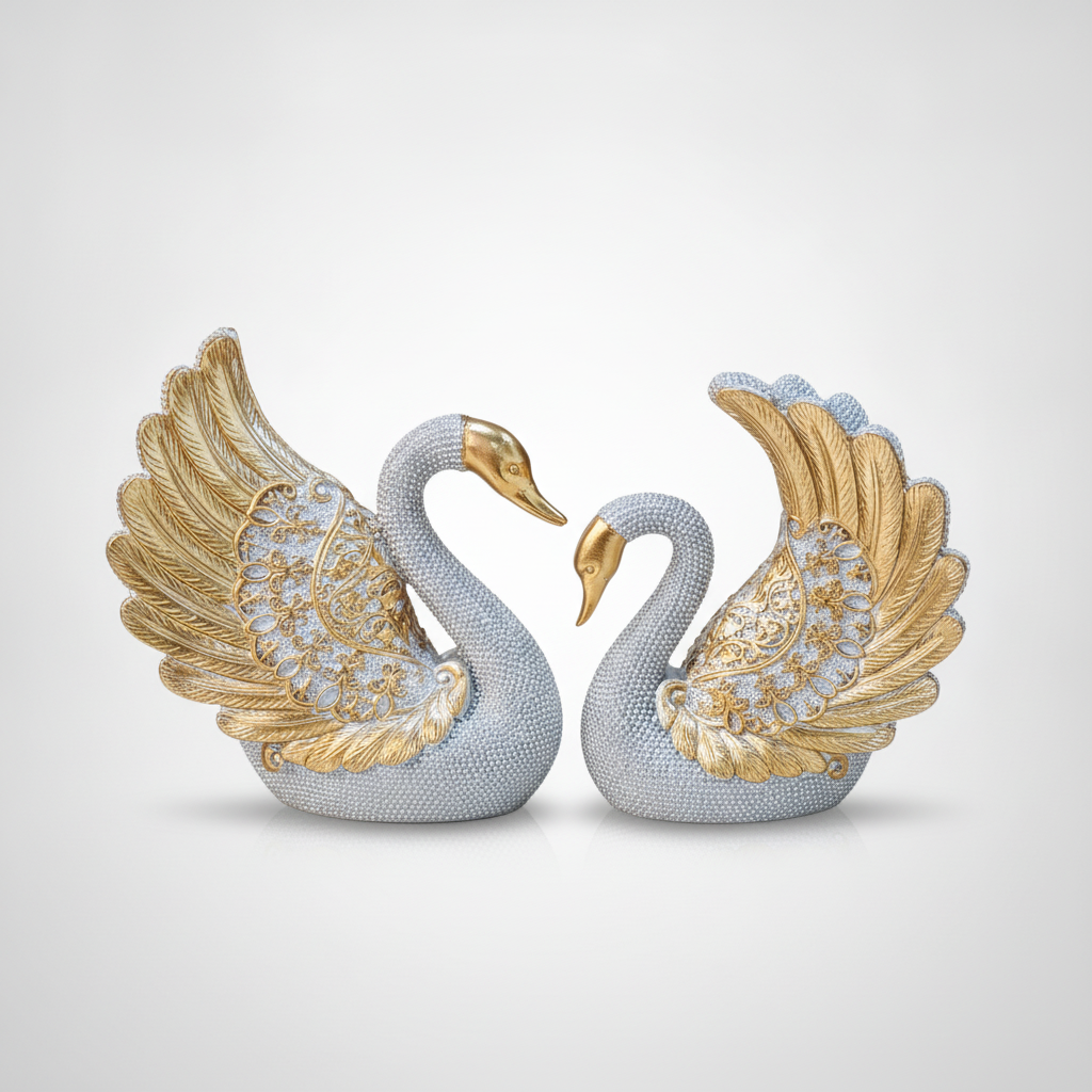 Decorative Swan Couple Figurine Set – Gold & Silver