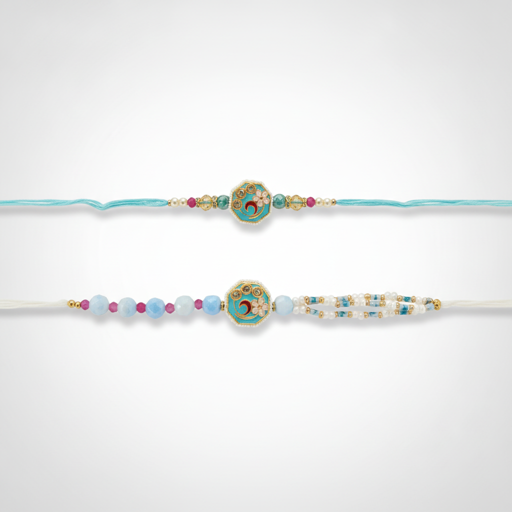 Bhaiya Bhabhi Rakhi Set – Turquoise Meenakari Duo