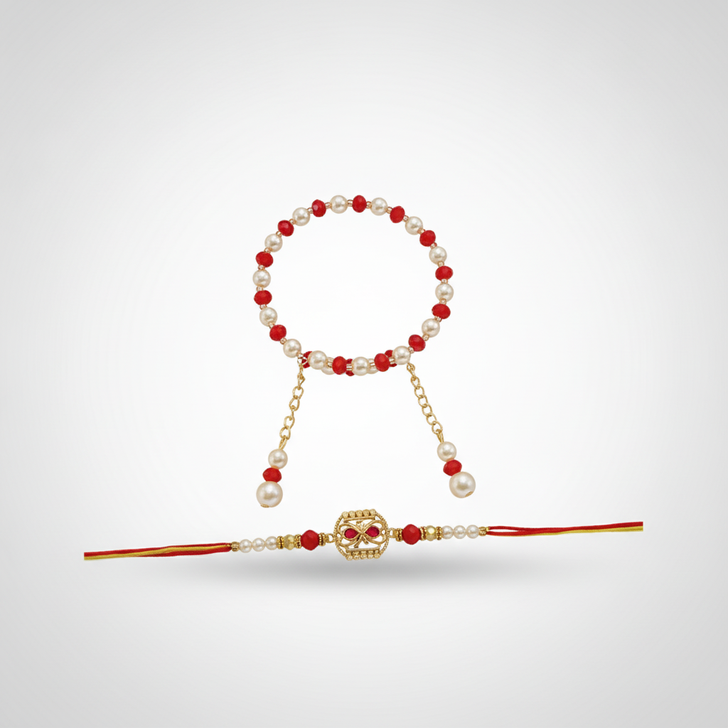 Bhaiya Bhabhi Rakhi Set – Pearl & Red Crystal Duo