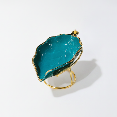 Teal & Gold Leaf Ceramic Soap Dish with Metal Stand