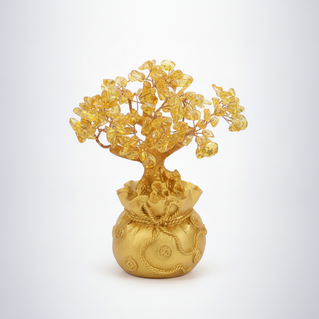 Golden Citrine Crystal Money Tree in Lucky Wealth Bag