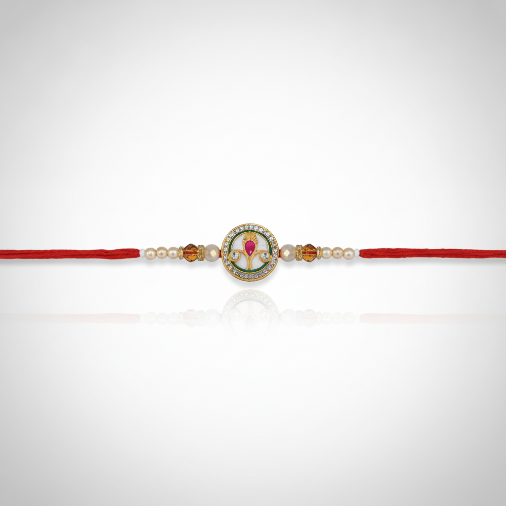 Traditional Meenakari Rakhi with Red Thread & Pearl Beads
