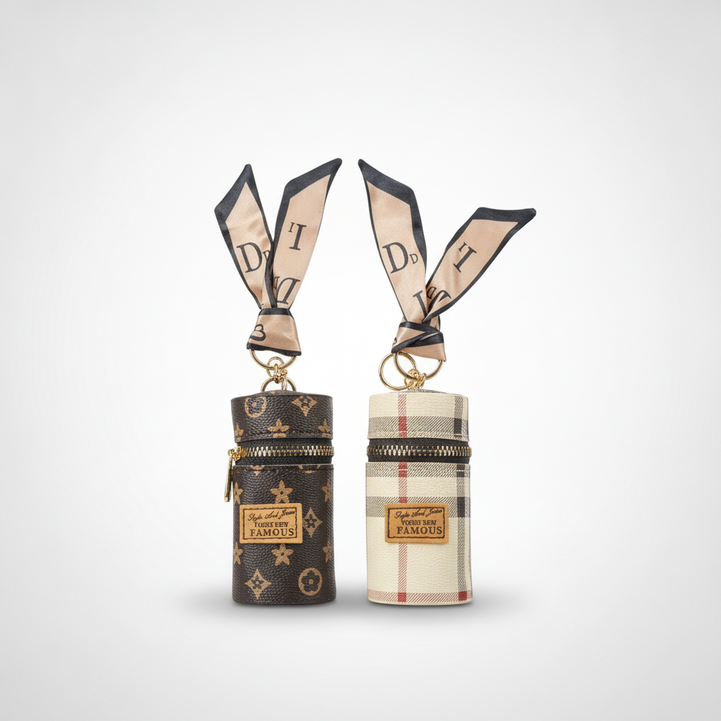 Designer-Style Mini Cylinder Keychain with Silk Scarf Ribbon